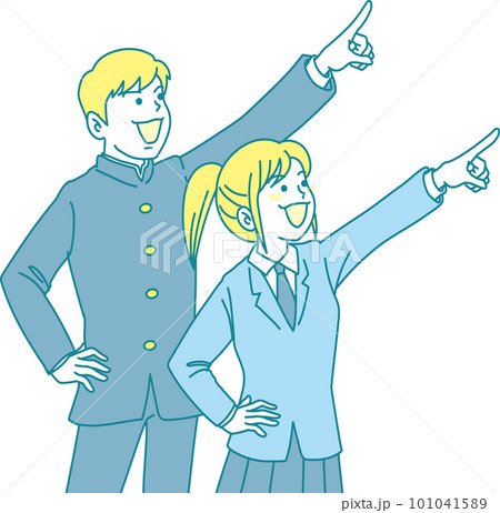 差す中学生_セット_右上を指差す男女2人 101041589