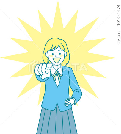 差す中学生_正面を指差す制服女子_背景色あり 101041674