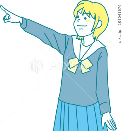 指差す中学生_左上を指差すセーラー服女子 101041676