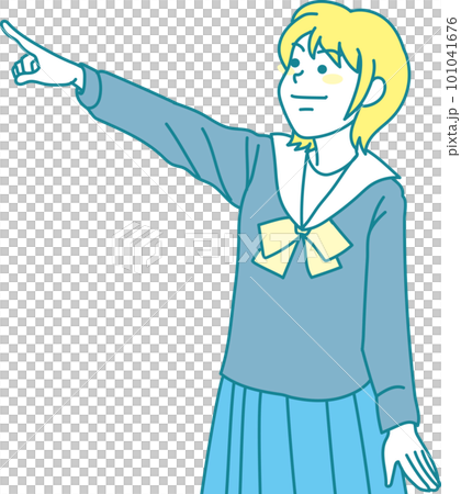 指差す中学生_左上を指差すセーラー服女子 101041676