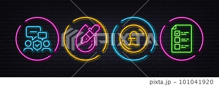 Security agency, Eye drops and Pound money minimal line icons. Neon laser 3d lights. Voting ballot icons. For web, application, printing. Body guard, Pipette, Currency. Vote checklist. Vector Security agency, Eye drops and Pound money minimal line icons. Neon laser 3d lights. Voting ballot icons. For web, application, printing. Body guard, Pipette, Currency. Vote checklist. Vector 101041920