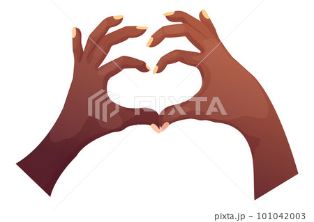 Two hands making a heart shape ethnic black in cartoon style isolated on white background.  101042003