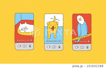 ペットカメラ ペット用見守りカメラをスマートフォンで見るイラスト ペットカメラ ペット用見守りカメラをスマートフォンで見るイラスト 101042388
