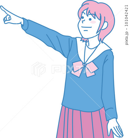 差す中学生_シアンマゼンタ_左上を指差すショートカットセーラー服の中学生女子 101042421