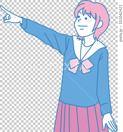差す中学生_シアンマゼンタ_左上を指差すショートカットセーラー服の中学生女子 101042421