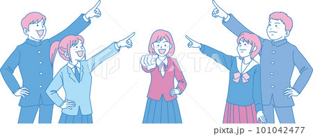 空を見上げる学生たち_指差す中学生_シアンマゼンタ_5人で真ん中を指差す 空を見上げる学生たち_指差す中学生_シアンマゼンタ_5人で真ん中を指差す 101042477