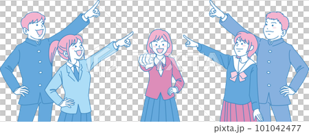 抬頭仰望天空的學生_初中生指著_青品紅_5人指著中間 抬頭仰望天空的學生_初中生指著_青品紅_5人指著中間 101042477