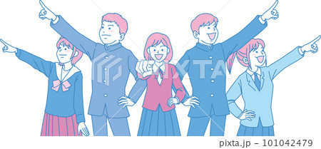 空を見上げる学生たち_指差す中学生_シアンマゼンタ_5人それぞれの方向を指差す 101042479