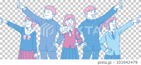 空を見上げる学生たち_指差す中学生_シアンマゼンタ_5人それぞれの方向を指差す 101042479