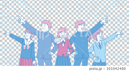 抬頭仰望天空的學生_初中生指點_青品紅_每個方向5人指點_背景濃度線 101042480