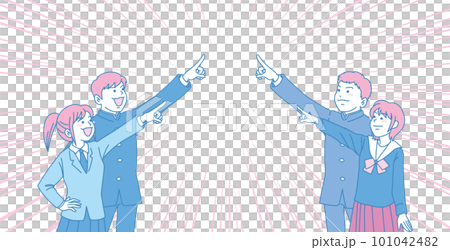 空を見上げる学生たち_指差す中学生_シアンマゼンタ_4人で中央を指差す_背景集中線あり 101042482