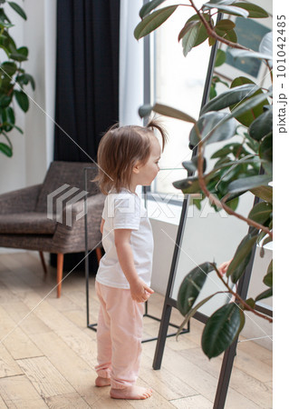 Family time. A two-year-old girl looks at herself in the mirror. 101042485