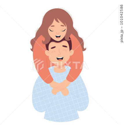 Happy in love married couple. Cute joyful fair-skinned girl hugs man. Vector illustration in flat style of loving young couple for valentines day, wedding and birthday design. 101042586