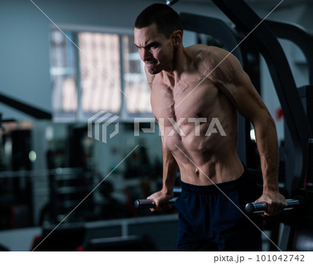 Shirtless man doing triceps dips from parallel bars in gym. Shirtless man doing triceps dips from parallel bars in gym. 101042742