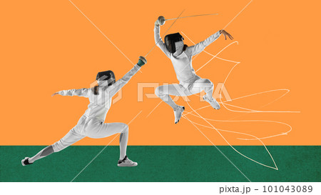 Young girl, professional athletes training, fencing against orange background. Coordination of movements. Contemporary art collage. Young girl, professional athletes training, fencing against orange background. Coordination of movements. Contemporary art collage. 101043089