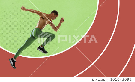 Young muscular man, professional runner, athlete training, running at drawn stadium. Speed and endurance. Contemporary art collage. 101043099