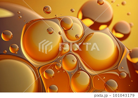 Beautiful abstract background. Golden liquid. Macro honey bubbles. Generative AI. 101043179