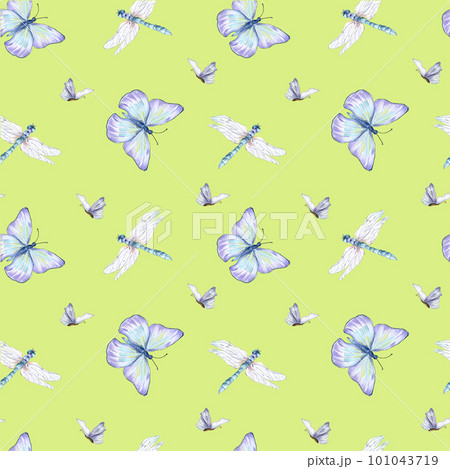 Blue butterflies, dragonflies watercolor seamless pattern on green. 101043719