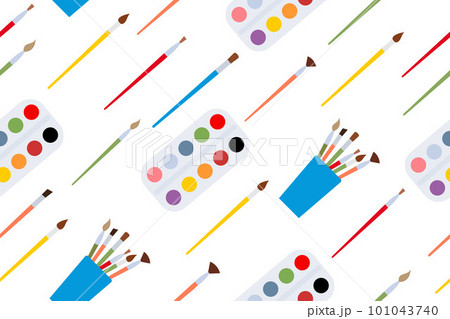 Tools for coloring elements. Background with art supplies. Design creative materials for workshops banner, card. Vector Tools for coloring elements. Background with art supplies. Design creative materials for workshops banner, card. Vector 101043740