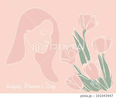 Banner postcard with International Women's Day. Illustration of a tender girl with tulips. Continuous drawing with one line Banner postcard with International Women's Day. Illustration of a tender girl with tulips. Continuous drawing with one line 101043947