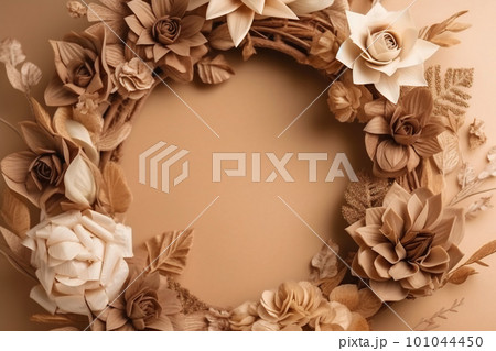 Beautiful brown background with flowers and copy space. Empty space for text. Frame, beige backdrop. Generative AI. 101044450