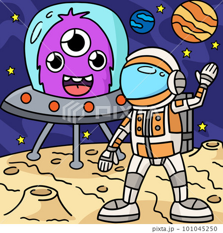 Astronaut and UFO Colored Cartoon Illustration 101045250