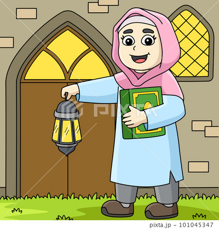 Ramadan Muslim Girl with Quran Colored Cartoon Ramadan Muslim Girl with Quran Colored Cartoon 101045347