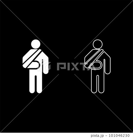 Man with broken arm hand gypsum injured stick using sticks person trauma concept elastic bandage on human immobilize support bone sling cast fracture trauma set icon white color vector illustration 101046230