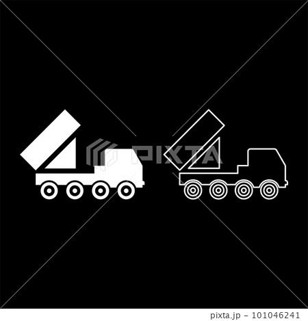 Reactive system volley fire salvo artillery American multiple launch on wheeled chassis high mobility army military truck air defense anti aircraft set icon white color vector illustration image 101046241