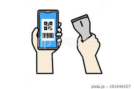 スマートフォン画面に表示された二次元コードとバーコードを自分でスキャナーで読み取って決済するイラスト 101046327