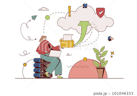 Cloud storage concept with character situation in flat design. Woman working on laptop and making backup files with online access and sending documents. Illustration with people scene for web Cloud storage concept with character situation in flat design. Woman working on laptop and making backup files with online access and sending documents. Illustration with people scene for web 101046355