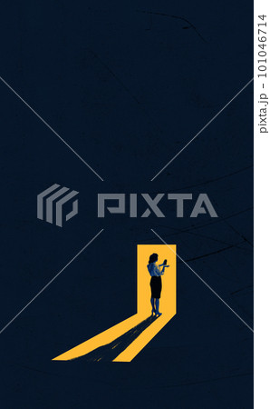 Business woman wearing costume holding cell phone and standing at the doorway. Art collage, dark mode background Business woman wearing costume holding cell phone and standing at the doorway. Art collage, dark mode background 101046714