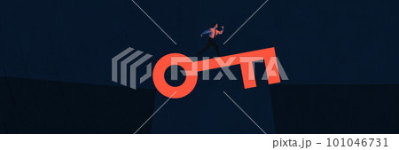 Art collage with man using key instead of bridge and jumping over abyss symbolizing success, right solutions. Art collage 101046731