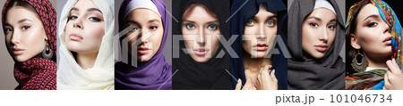 collage of beautiful young woman in veil. beauty girls in hijab collage of beautiful young woman in veil. beauty girls in hijab 101046734