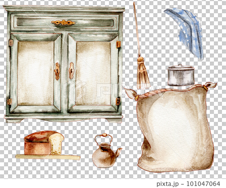 Hand drawn watercolor vintage style cupboard and home stuff. Isolated furniture for interior. Vintage interior background with furniture interior decor scene. Farmhouse kitchen, cottage illustration Hand drawn watercolor vintage style cupboard and home stuff. Isolated furniture for interior. Vintage interior background with furniture interior decor scene. Farmhouse kitchen, cottage illustration 101047064