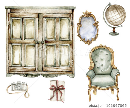 Hand drawn watercolor vintage style cupboard and home stuff.   Isolated furniture for interior. Vintage interior background with furniture interior decor scene. Farmhouse kitchen, cottage illustration 101047066
