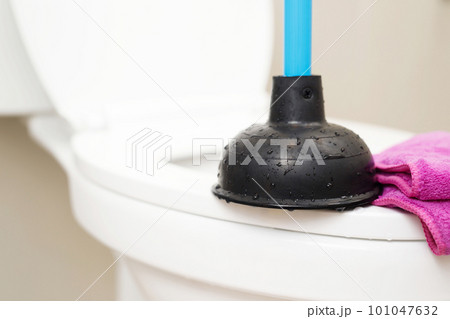 A serviceman is repairing a toilet with a hand plunger caused by a clogged toilet. 101047632