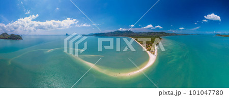 Aerial panorama drone shot of Lam Haed beach peninsula, Koh Yao Yai island, Phang nga, Thailand 101047780