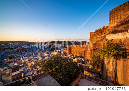 Mehrangarh Fort with Jodhpur blue city at sunset, Rajasthan, India 101047788