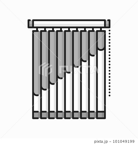 Closed office blinds with decorative print, modern jalousie outline icon. Vector venetian curtains template, roller shade sun protection blind 101049199