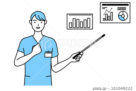 業績グラフを分析するす男性看護師、理学療法士、作業療法士、言語聴覚士、看護助手 101049222