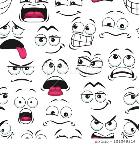 Cartoon sad emoji faces seamless pattern, giggle smile emoticons vector background. Funny kawaii or big eye faces pattern of sad, angry, shouting or scared and upset comic emoji with tongue and teeth 101049314