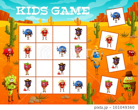 Sudoku kids game Wild west ranger, cowboy and bandit berry characters. Vector worksheet riddle, boardgame with cartoon blueberry, strawberry, honeyberry, blackberry and raspberry with gooseberry 101049360