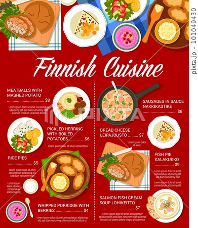 Finnish cuisine menu design template. Sausages in sauce Nakkikastike, whipped porridge with berries and pies, bread cheese Leipajuusto, soup Lohikeitto and Kalakukko, meatballs, herring with potatoes 101049430