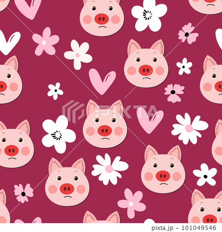 Vector flat animals colorful illustration for kids. Seamless pattern with cute pig face on color floral background. Adorable cartoon character. Design for textures, card, poster, fabric, textile 101049546