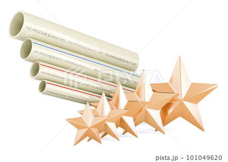PVC pipes, composite pipe, uPVC pipe, cPVC pipe with five golden stars. Customer rating, 3D rendering 101049620