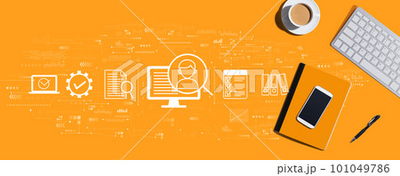 Document management system concept with computer keyboard and office items 101049786