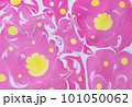 floral pattern with yellow blots and white waves on pink background 101050062
