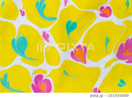 floral pattern with fantasy flowers and green leaves on yellow background floral pattern with fantasy flowers and green leaves on yellow background 101050069