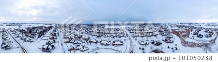 Panoramic drone aerial photo of the south side of Sioux Falls, South Dakota during the winter after a snow storm. 101050238
